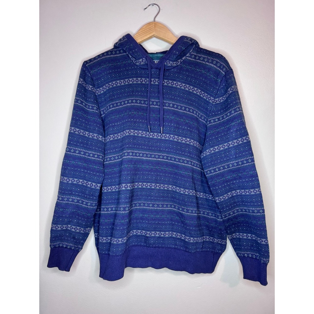 IZOD Hooded Sweater Blue Fair Isle Pattern Pullover Men's XL